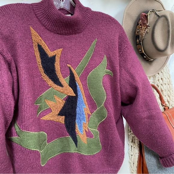 Purple Rare Appliqué retro vintage wool blend sweater w YTK 80s MidCentury vibe - Picture 3 of 10